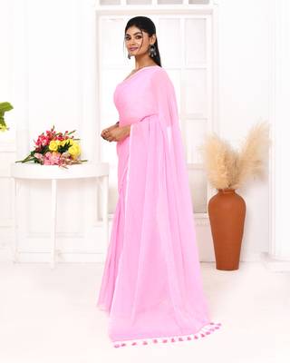 Pink mulmul cotton saree with tassels 2