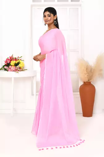 Pink mulmul cotton saree with tassels