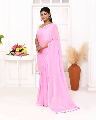 Pink mulmul cotton saree with tassels 3