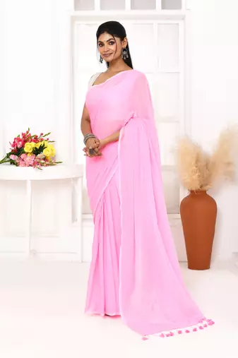 Pink mulmul cotton saree with tassels
