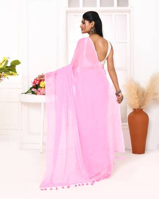 Pink mulmul cotton saree with tassels 4
