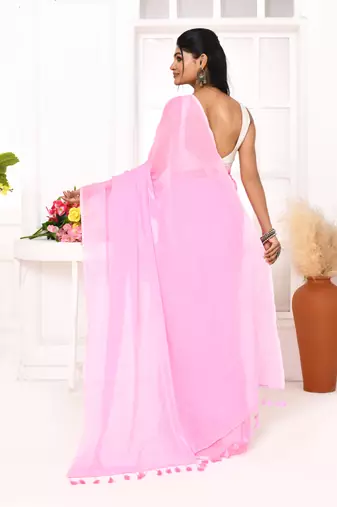 Pink mulmul cotton saree with tassels