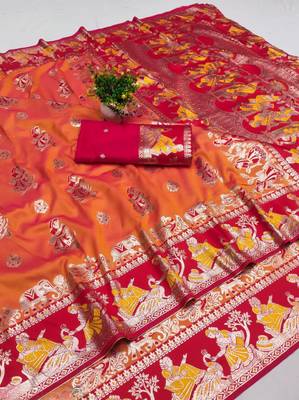 Orange woven art silk baluchari banarasi saree with blouse 1