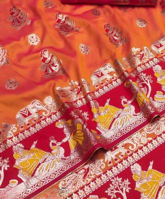 Orange woven art silk baluchari banarasi saree with blouse 2