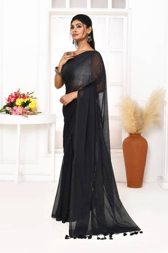 Black mulmul cotton saree with tassels