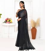 Black mulmul cotton saree with tassels