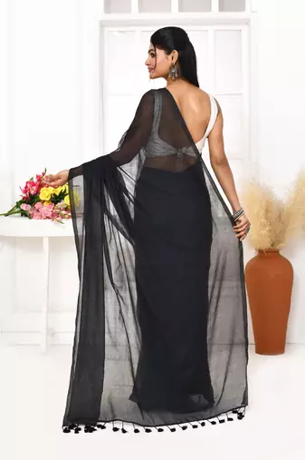 Black mulmul cotton saree with tassels
