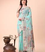 Sky blue linen cotton woven zari work tassel saree