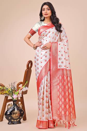White lichi silk blend woven zari work tassel saree