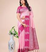 Light pink lichi silk blend woven zari work tassel saree
