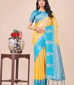Yellow lichi silk blend woven zari work tassel saree