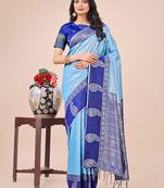 Sky blue lichi silk blend woven zari work tassel saree