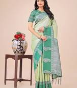 Light green lichi silk blend woven zari work tassel saree