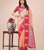 Peach lichi silk blend woven zari work tassel saree