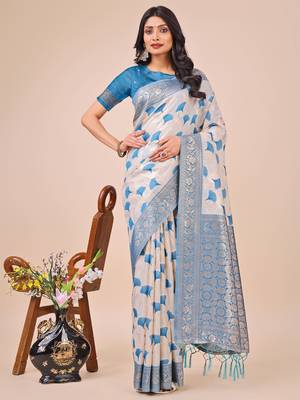 Sky blue linen cotton woven zari work tassel saree 1