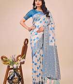 Sky blue linen cotton woven zari work tassel saree