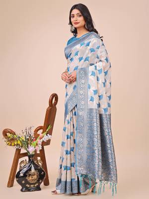 Sky blue linen cotton woven zari work tassel saree 2
