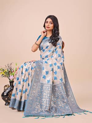 Sky blue linen cotton woven zari work tassel saree 3