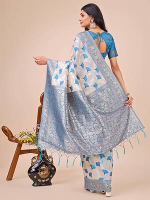 Sky blue linen cotton woven zari work tassel saree 4