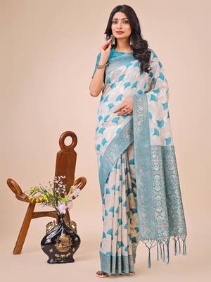 Teal linen cotton woven zari work tassel saree 1