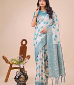 Teal linen cotton woven zari work tassel saree