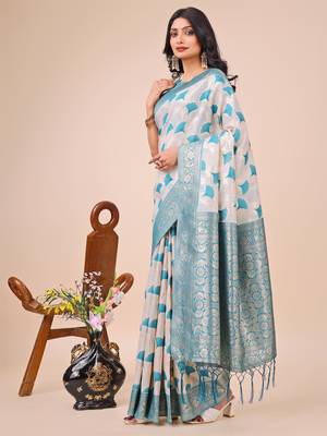 Teal linen cotton woven zari work tassel saree 2