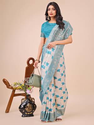 Teal linen cotton woven zari work tassel saree 3