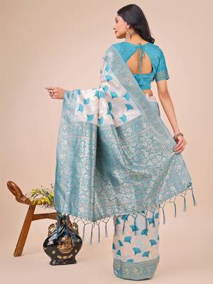 Teal linen cotton woven zari work tassel saree 4