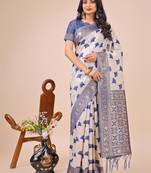 Blue linen cotton woven zari work tassel saree