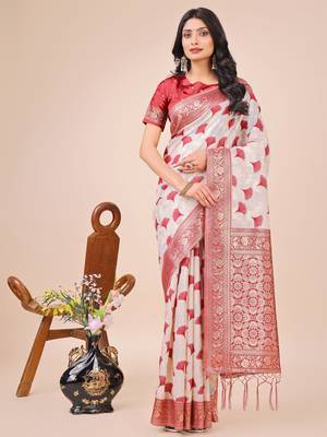 Maroon linen cotton woven zari work tassel saree 1