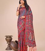 Pink cotton woven zari work tassel saree