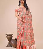 Cream cotton woven zari work tassel saree