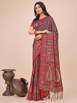 Red cotton woven zari work tassel saree 2