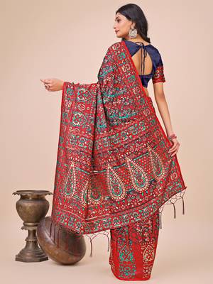 Red cotton woven zari work tassel saree 4