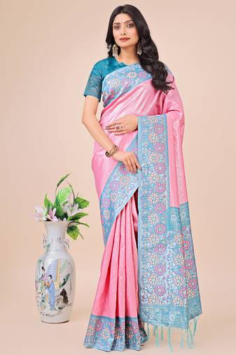 Pink lichi silk blend woven zari work tassel saree