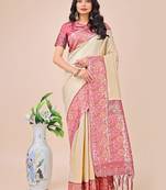 Cream lichi silk blend woven zari work tassel saree