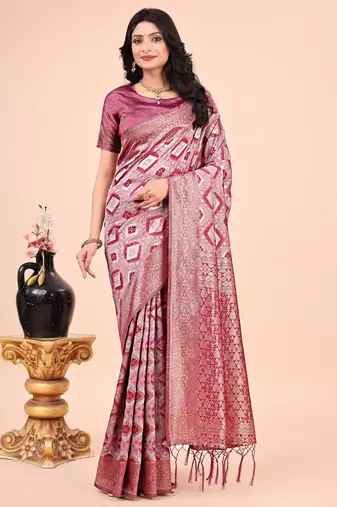 Pink cotton woven zari work tassel saree