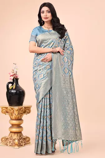 Sky blue cotton woven zari work tassel saree