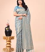 Sky blue cotton woven zari work tassel saree