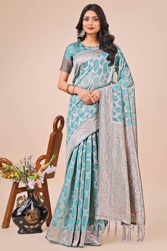 Teal linen cotton woven zari work tassel saree