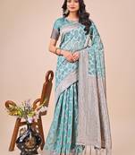 Teal linen cotton woven zari work tassel saree
