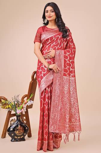 Red linen cotton woven zari work tassel saree