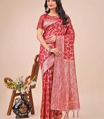 Red linen cotton woven zari work tassel saree