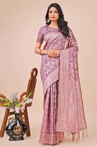 Purple linen cotton woven zari work tassel saree