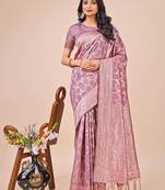 Purple linen cotton woven zari work tassel saree
