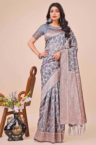 Grey linen cotton woven zari work tassel saree