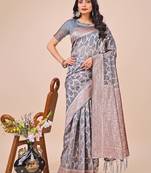 Grey linen cotton woven zari work tassel saree