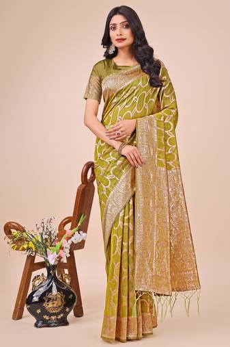 Olive green linen cotton woven zari work tassel saree