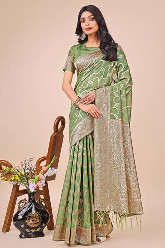Green linen cotton woven zari work tassel saree