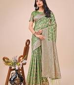 Green linen cotton woven zari work tassel saree